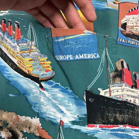 Vintage Paradise Found Hawaiian Vacation Steamboats Postcard Rayon Shirt Sz XL - Picture 6 of 7